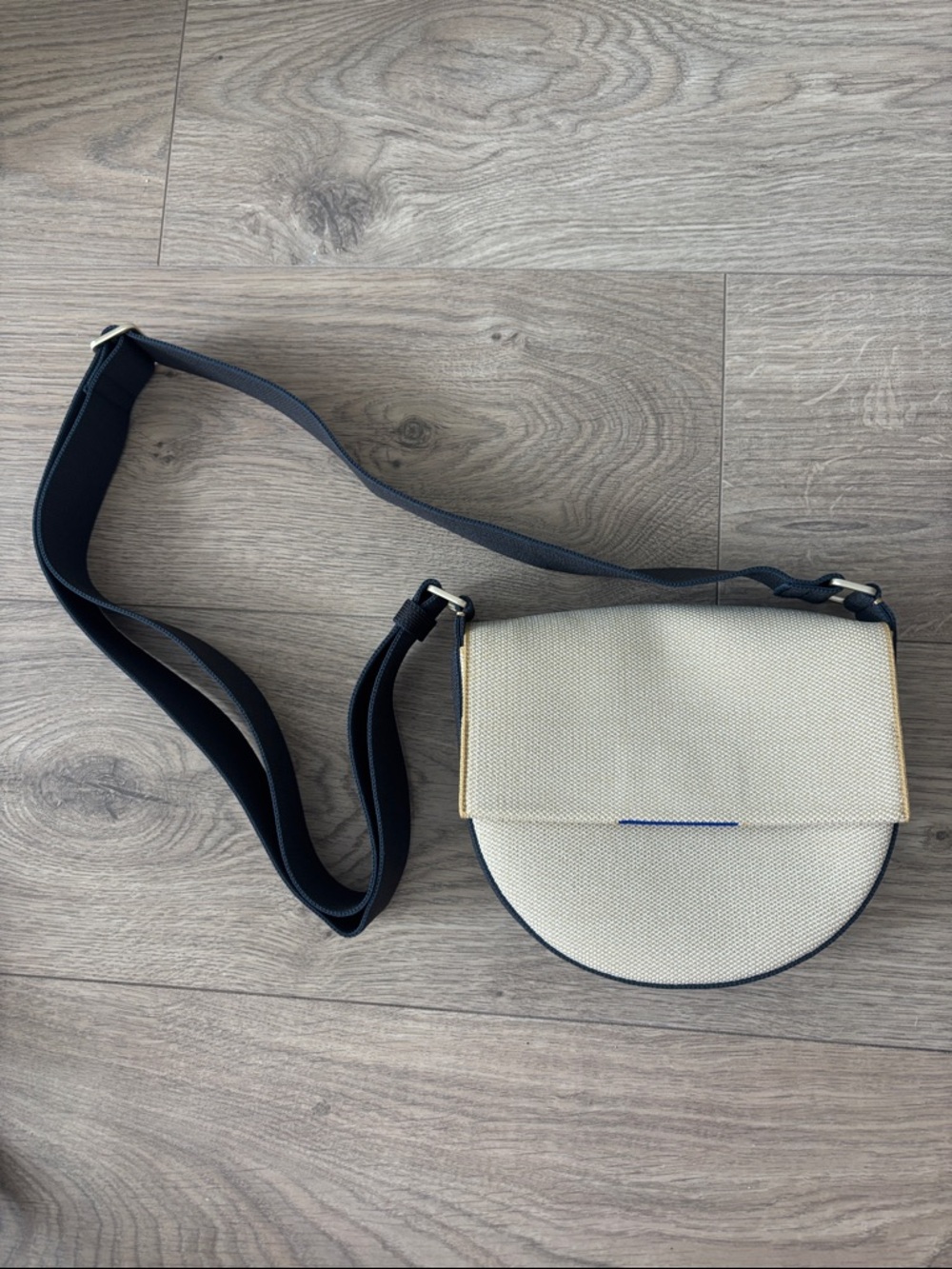 Rothy’s The Saddle Crossbody Bag with Navy Grey Strap, Magnetic Close